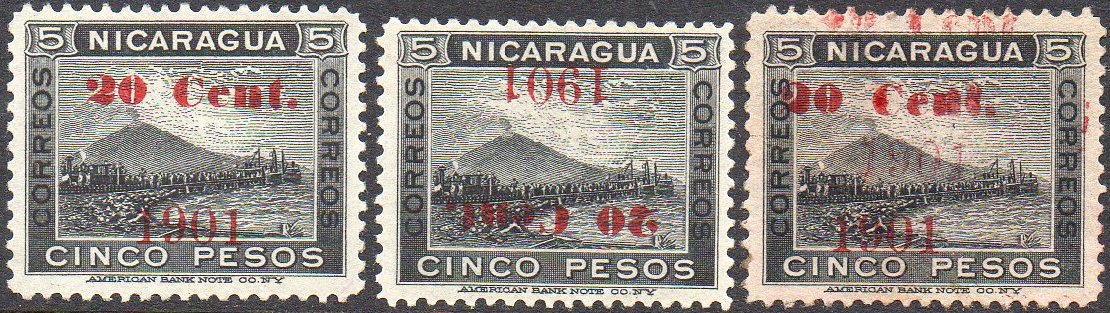 timbres-poste sellos postales stamps Nicaragua Momotombo Volcano & Train 20c/5P 1901 Red surcharge 